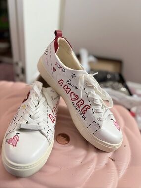 Aldo White Sneakers with Red Heart and Pink Accents